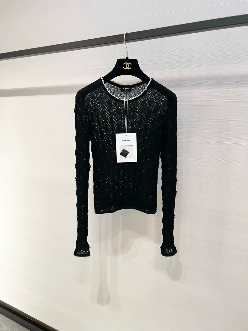 Chanel black lace and pearl top