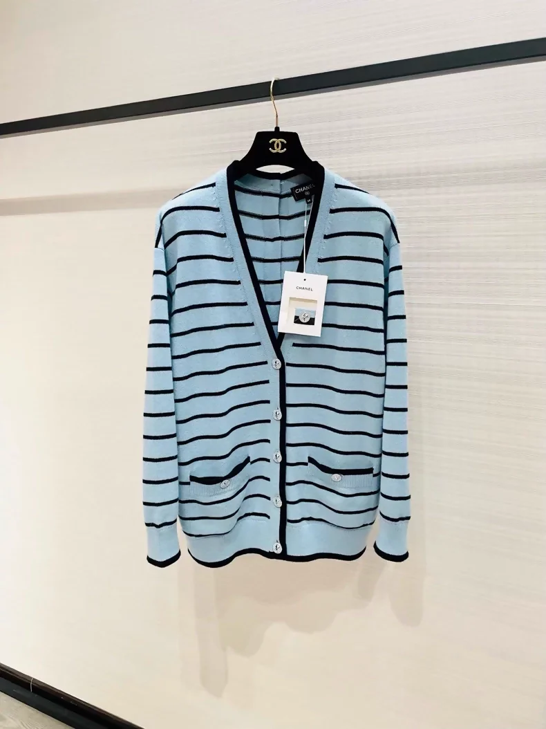 Chanel 25S blue striped double-faced cashmere knit cardigan