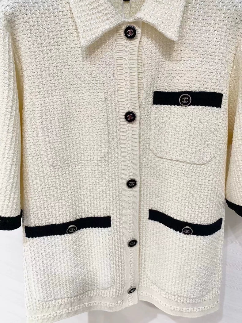 Chanel 24P ecru & black knit polo cardigan - Image 3