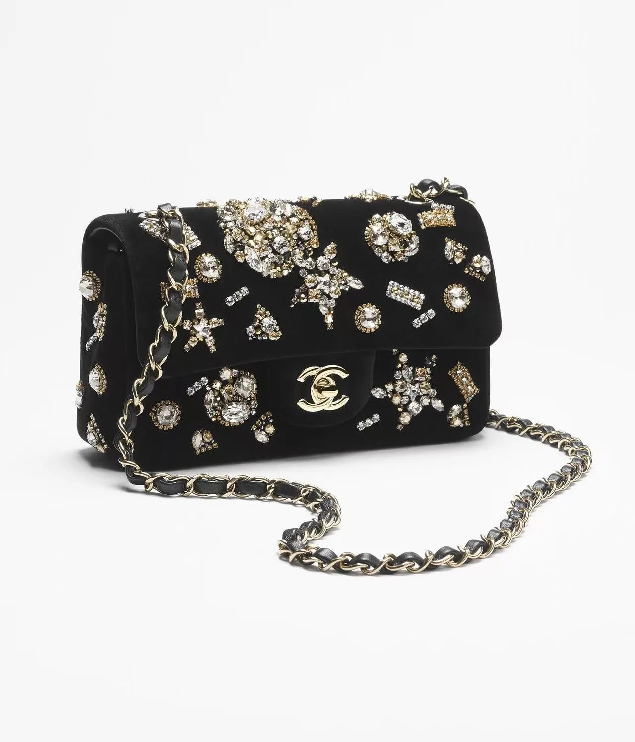 Chanel Fall-Winter 2025/26 MINI CLASSIC HANDBAG Velvet, Strass, Imitation Pearls & Gold-Tone Metal
Black, Crystal & Golden