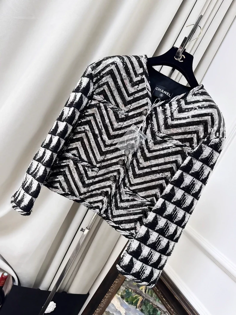 Chanel 21K Black and White Sequined Oversized Jacket
