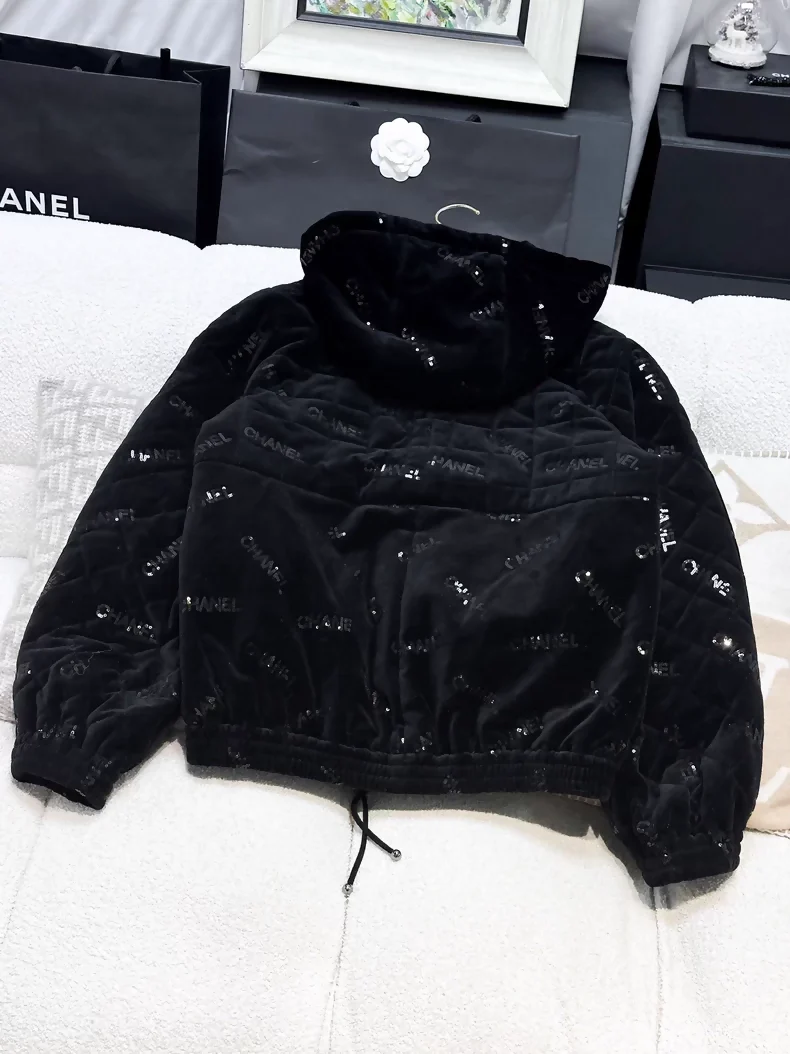 Chanel 22B black velvet sequined logo cotton coat - Image 2