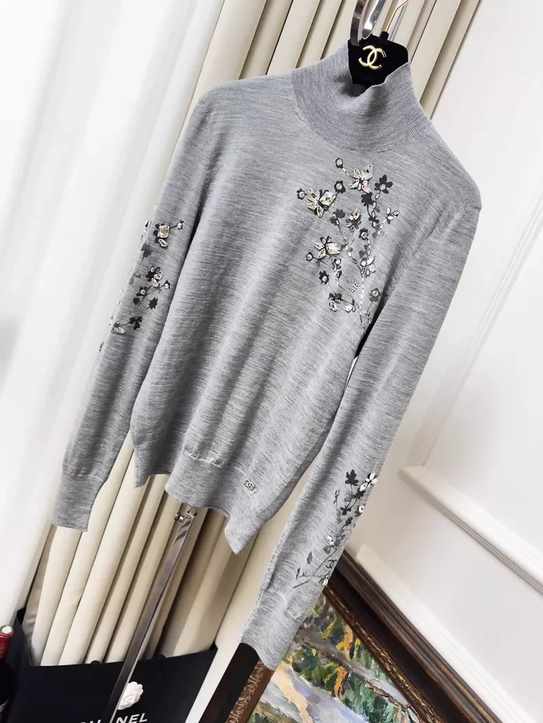 Chanel 22K grey turtleneck knit sweater with rhinestone and beaded floral print