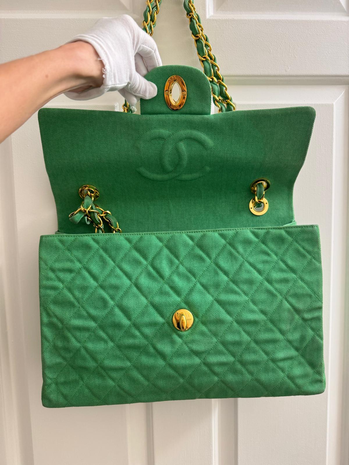 Chanel Green Denim Maxi Flap Bag - Image 2