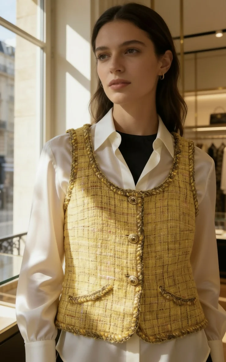 Chanel Iconic 11C Saint-Tropez Yellow Multicolor Tweed Gripoix Waistcoat Vest FR 40 - Image 4