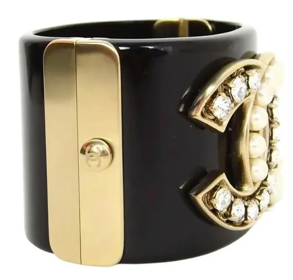 Chanel Iconic 14B Crystal & Pearl CC Wide Black Cuff Bracelet GHW - Image 4