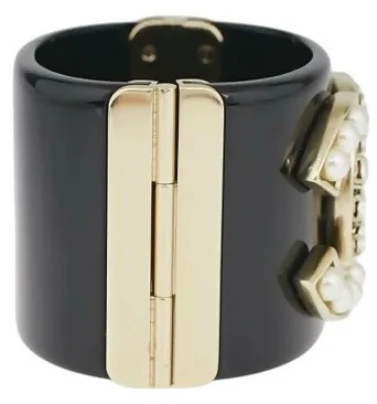 Chanel Iconic 14B Crystal & Pearl CC Wide Black Cuff Bracelet GHW - Image 6