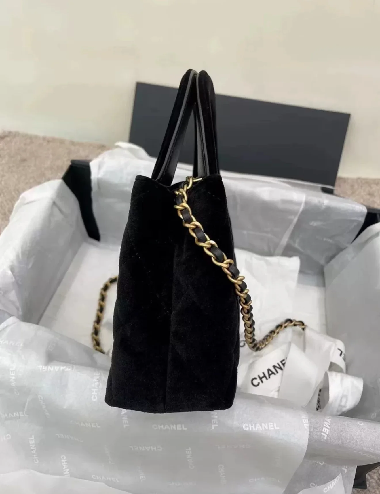 Chanel Kelly Black Velvet brushed gold hardware large size - Image 2