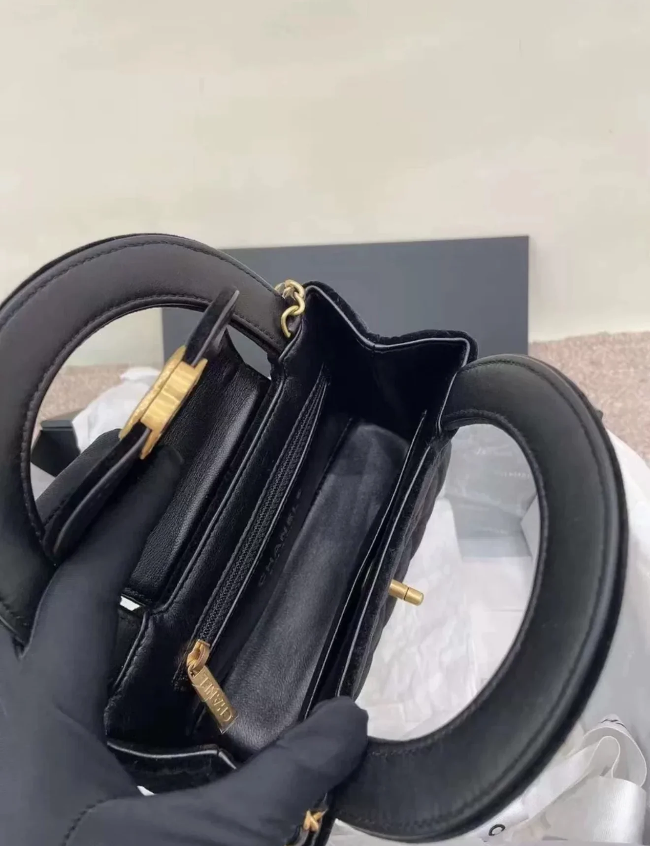 Chanel Kelly Black Velvet brushed gold hardware large size - Image 6