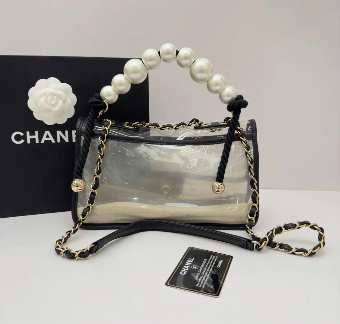 Chanel Lambskin PVC Sand By The Sea Flap Bag With Pearl Strap - Image 2