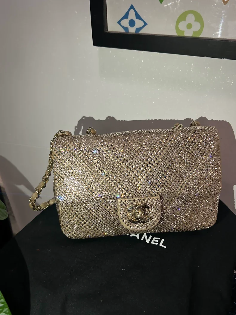 Chanel light pink full-diamond CF chain flap bag