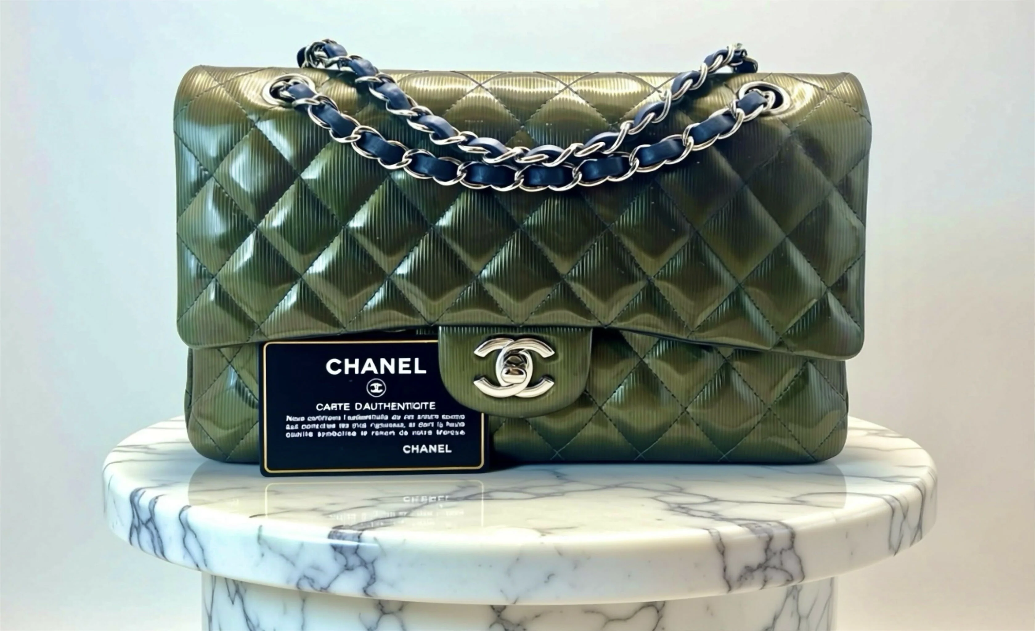 Chanel Medium Double Flap Green Straited Patent Leather Timeless Classic Bag SHW - Image 2