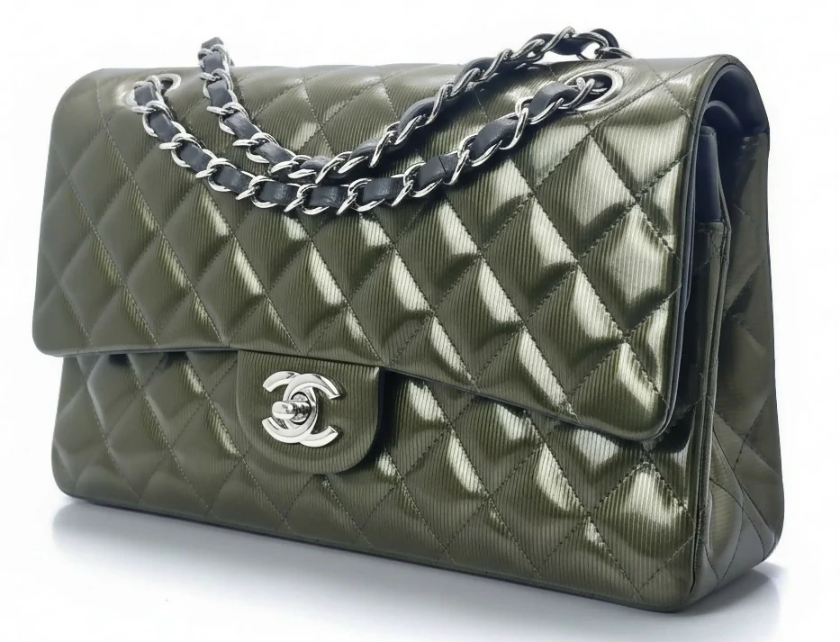 Chanel Medium Double Flap Green Straited Patent Leather Timeless Classic Bag SHW - Image 5