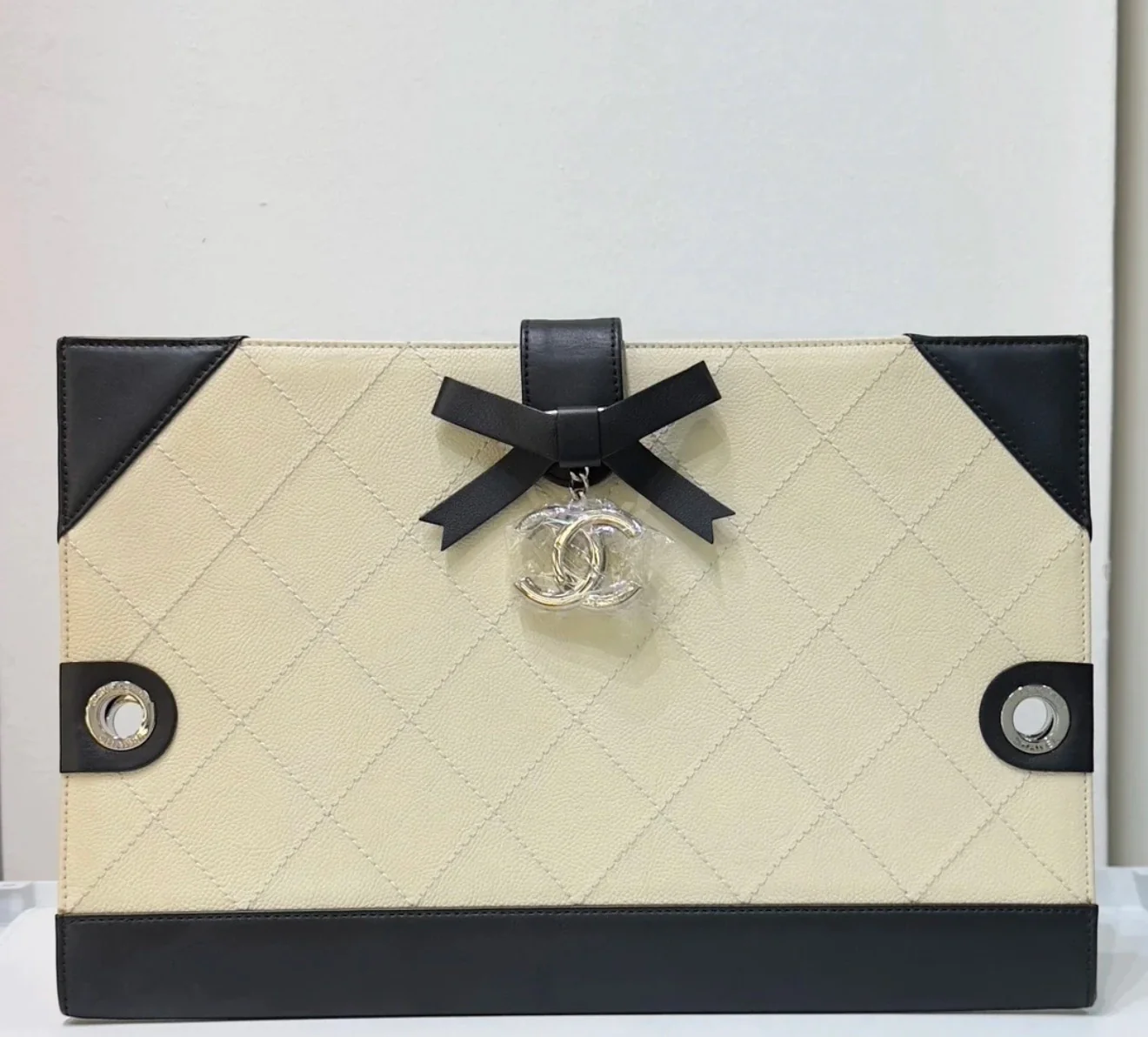 Chanel Medium Off White/Black Quilted Leather Drawing Portfolio Bag