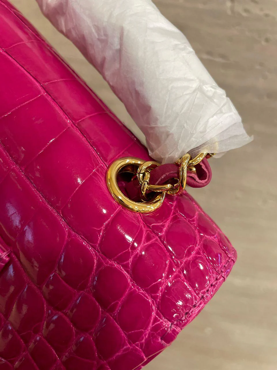 Chanel Medium Pink crocodile Alligator Flap Bag Gold Hardware - Image 20
