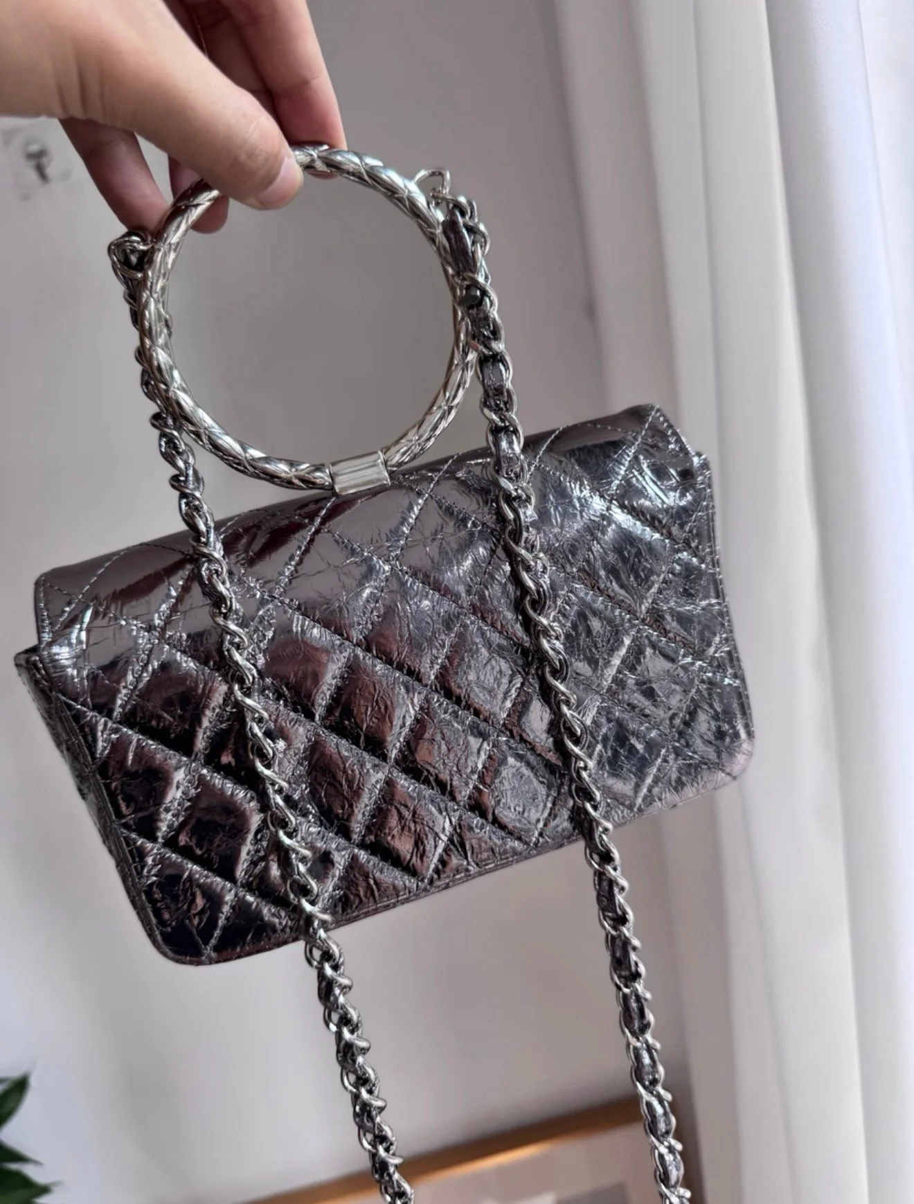 Chanel Metallic Calfskin Mini Ring Handle Flap Bag - Image 5
