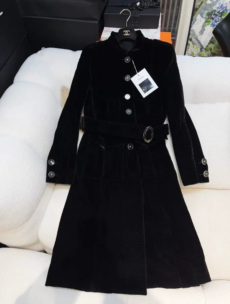 Chanel black velvet long coat