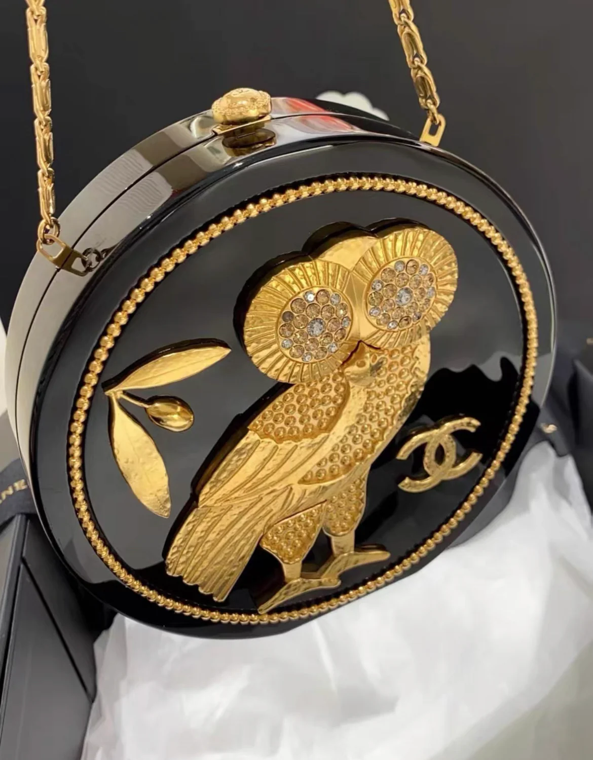 Chanel Minaudière Limited Edition Black Plexiglass & Gold Owl Gold-Tone Hardware - Image 4