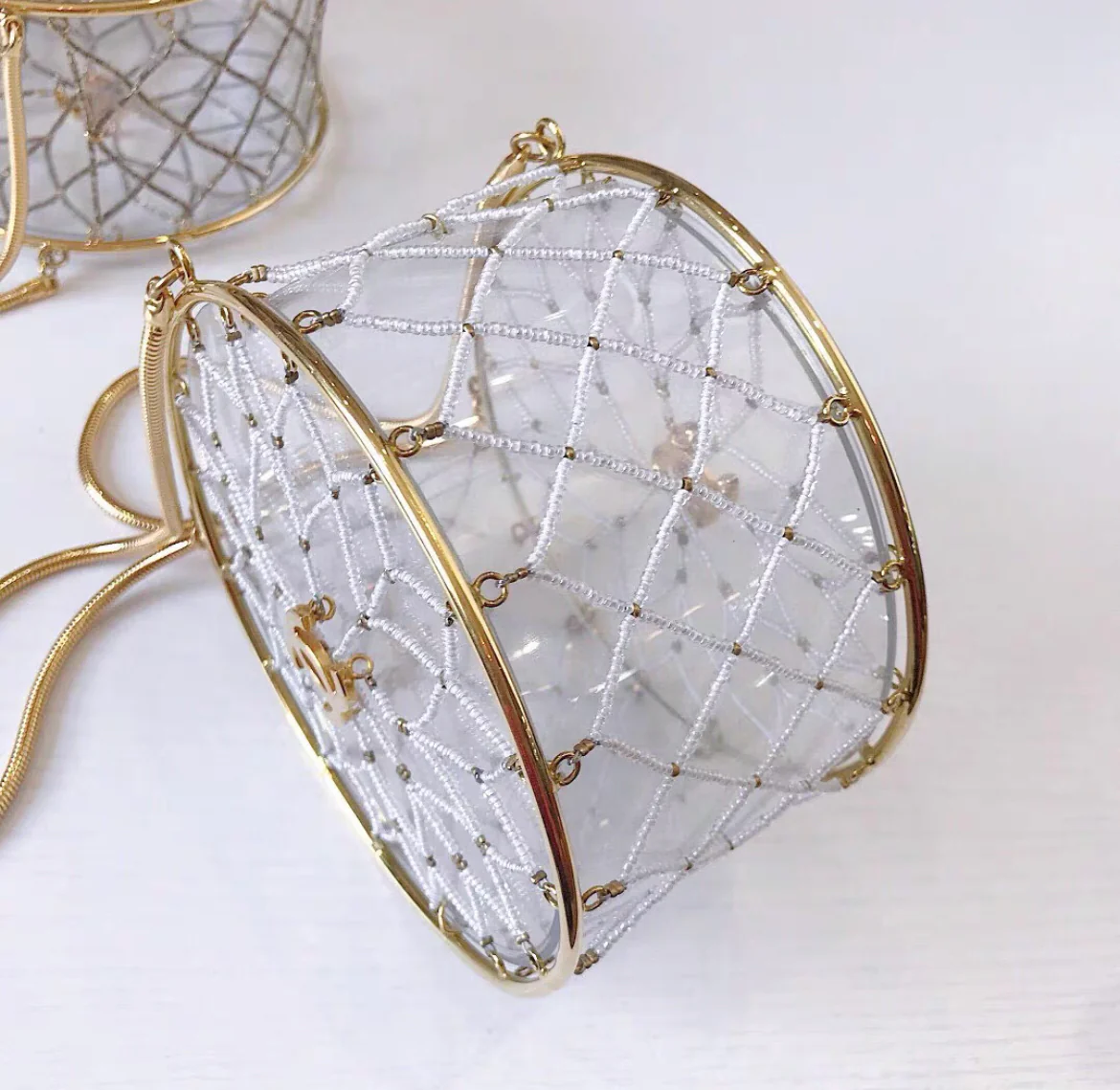 Chanel Minaudière Ultra Rare 1990 Beaded Gold Transparent Circle Micro Mini Bag - Image 4