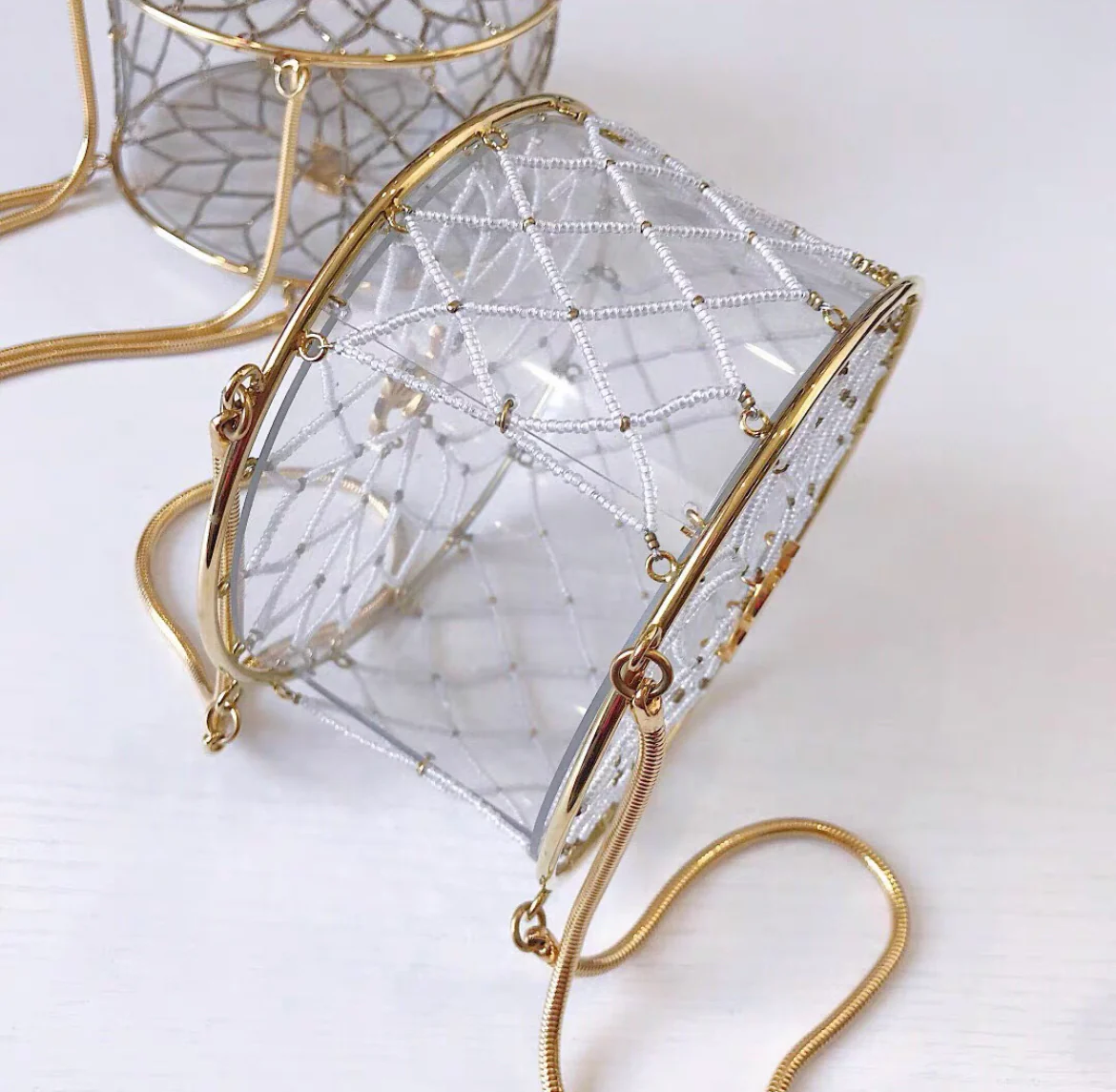 Chanel Minaudière Ultra Rare 1990 Beaded Gold Transparent Circle Micro Mini Bag - Image 5