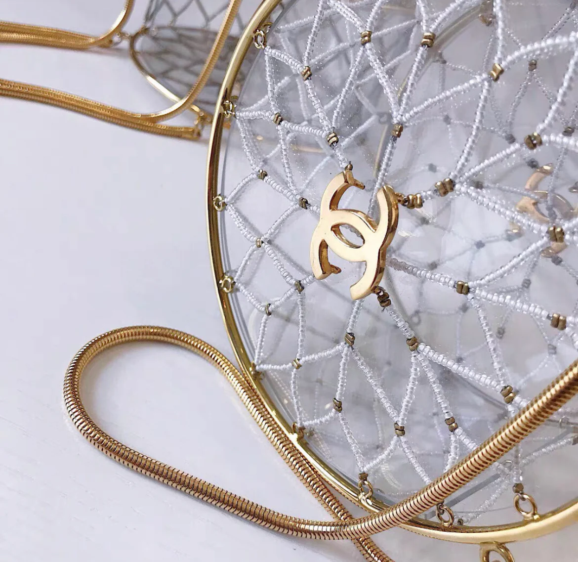 Chanel Minaudière Ultra Rare 1990 Beaded Gold Transparent Circle Micro Mini Bag - Image 6