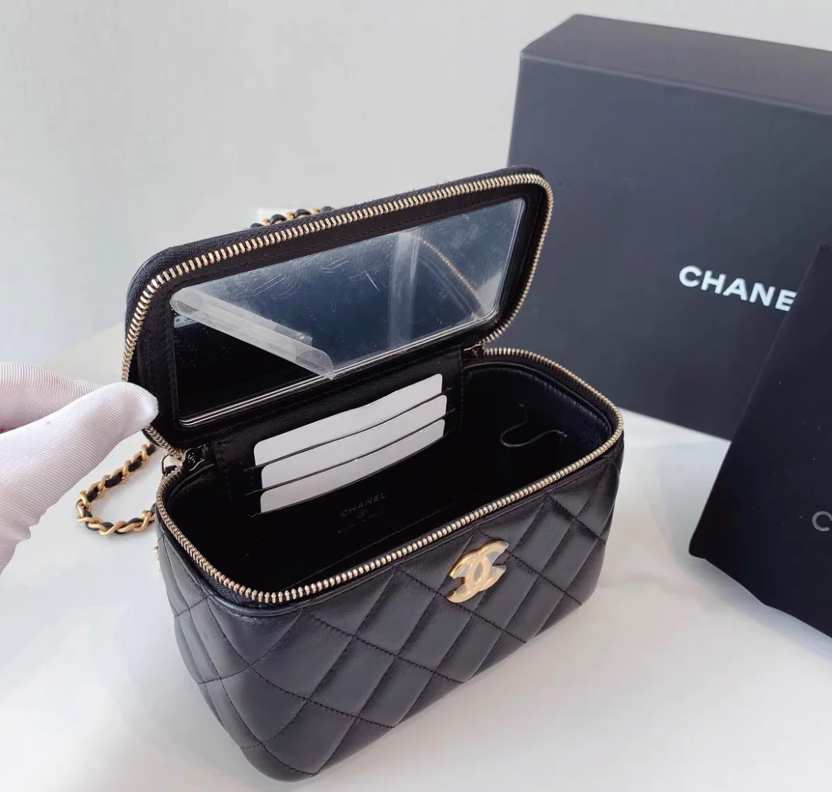 Chanel Mini Vanity Top Handle Case Black Lambskin Brushed Gold Hardware - Image 4