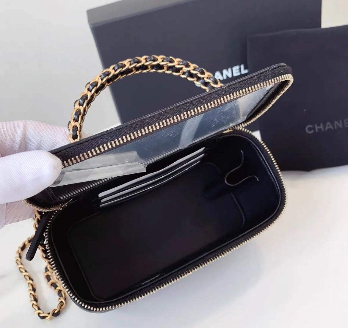 Chanel Mini Vanity Top Handle Case Black Lambskin Brushed Gold Hardware - Image 5