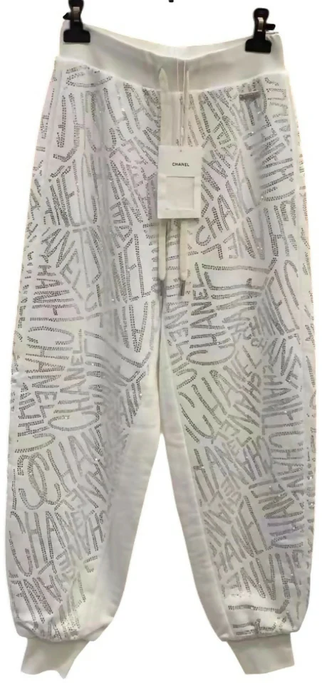 Chanel NWT 21N Coco Niege Swarovski CC White SweatPants Warm Winter Sport Pants FR 34 - Image 2