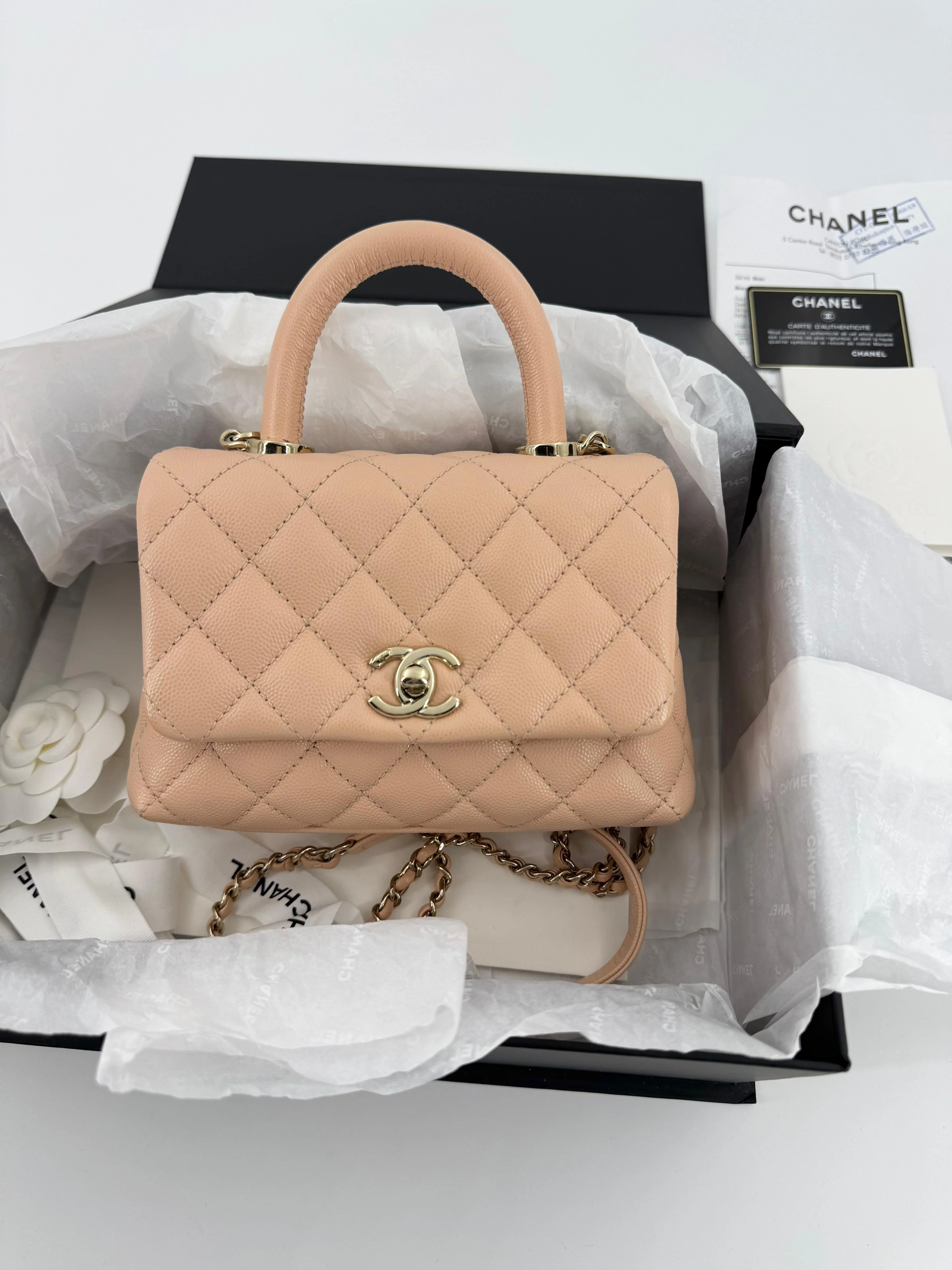 Chanel peach grained leather mini coco handle with light gold hardware - Image 11