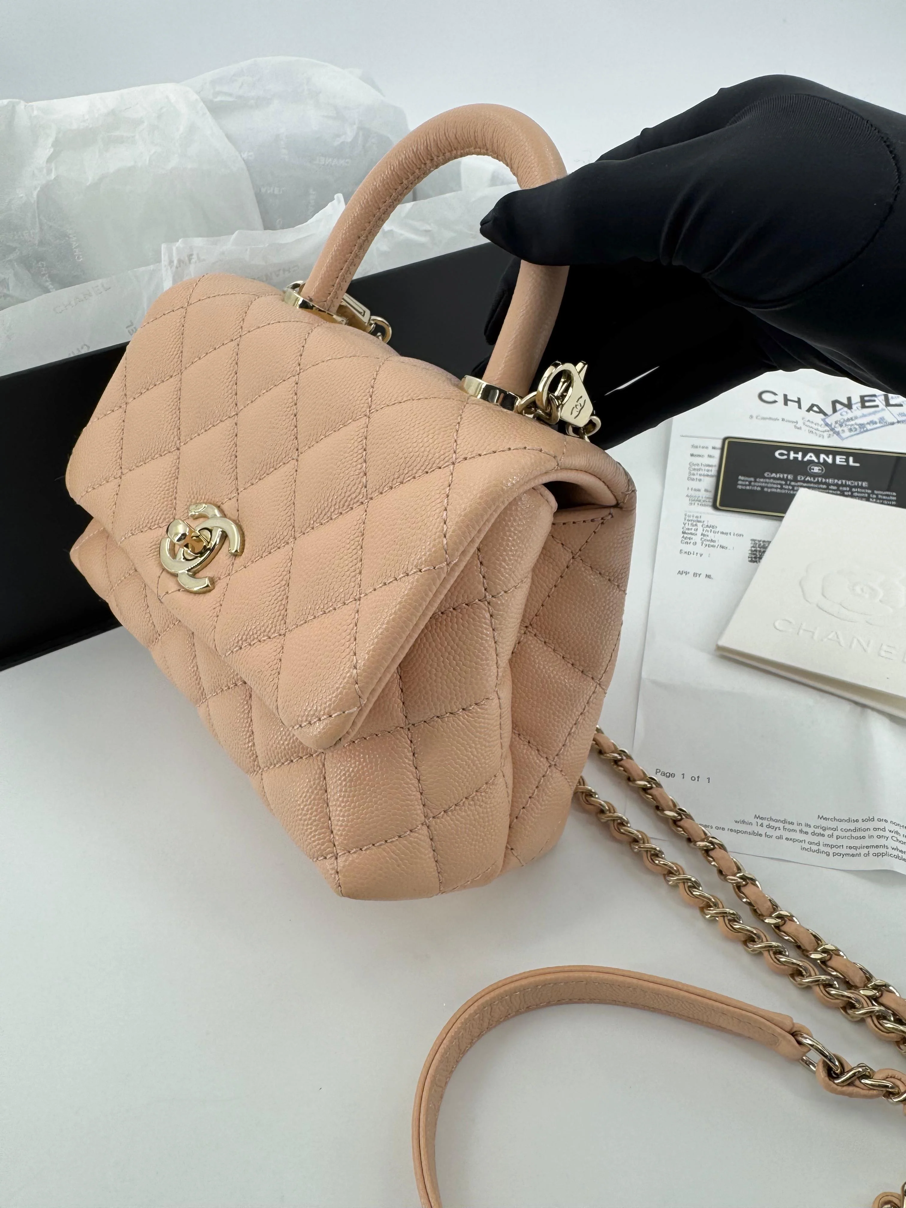 Chanel peach grained leather mini coco handle with light gold hardware - Image 5