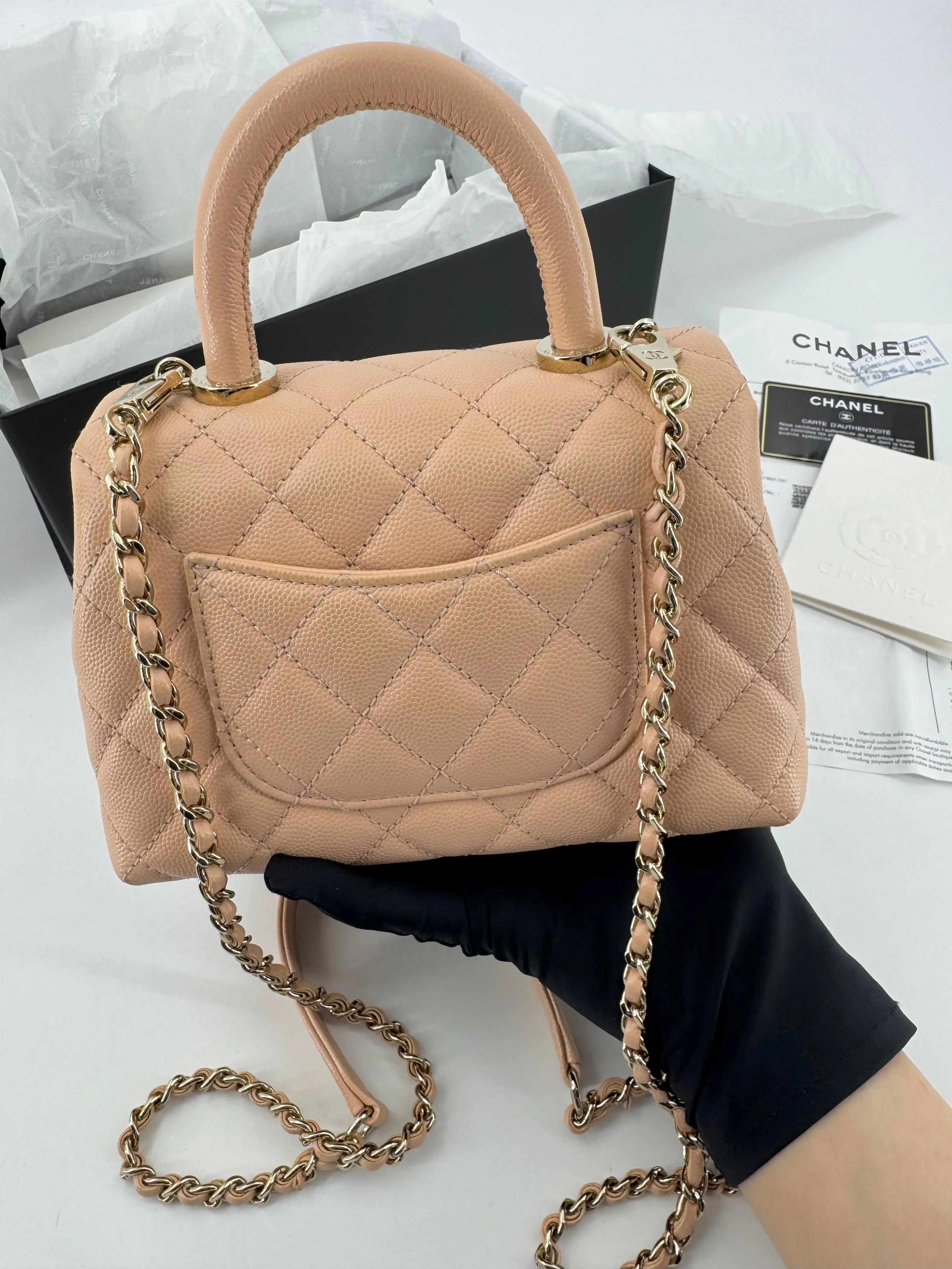 Chanel peach grained leather mini coco handle with light gold hardware - Image 7