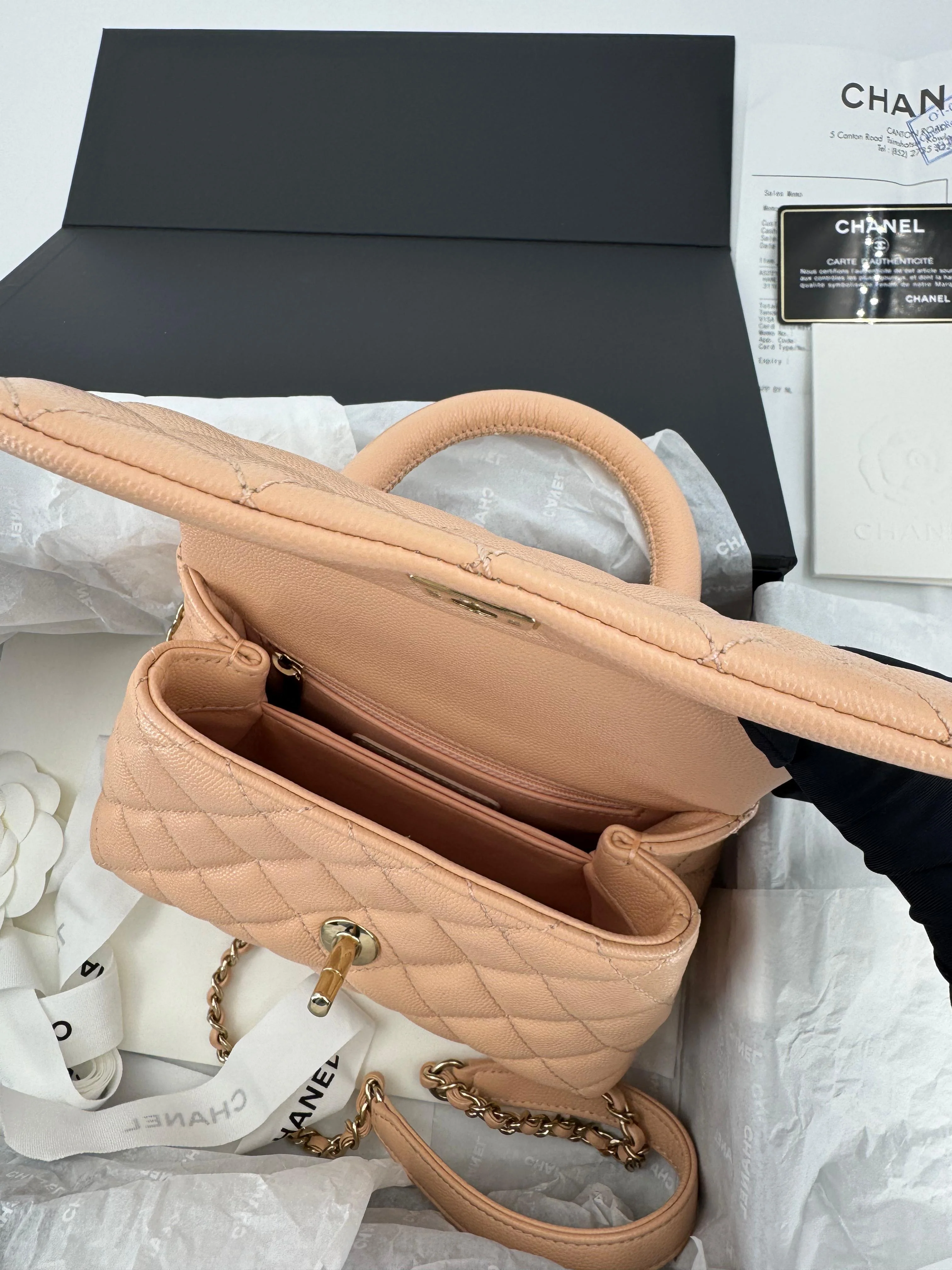 Chanel peach grained leather mini coco handle with light gold hardware - Image 9