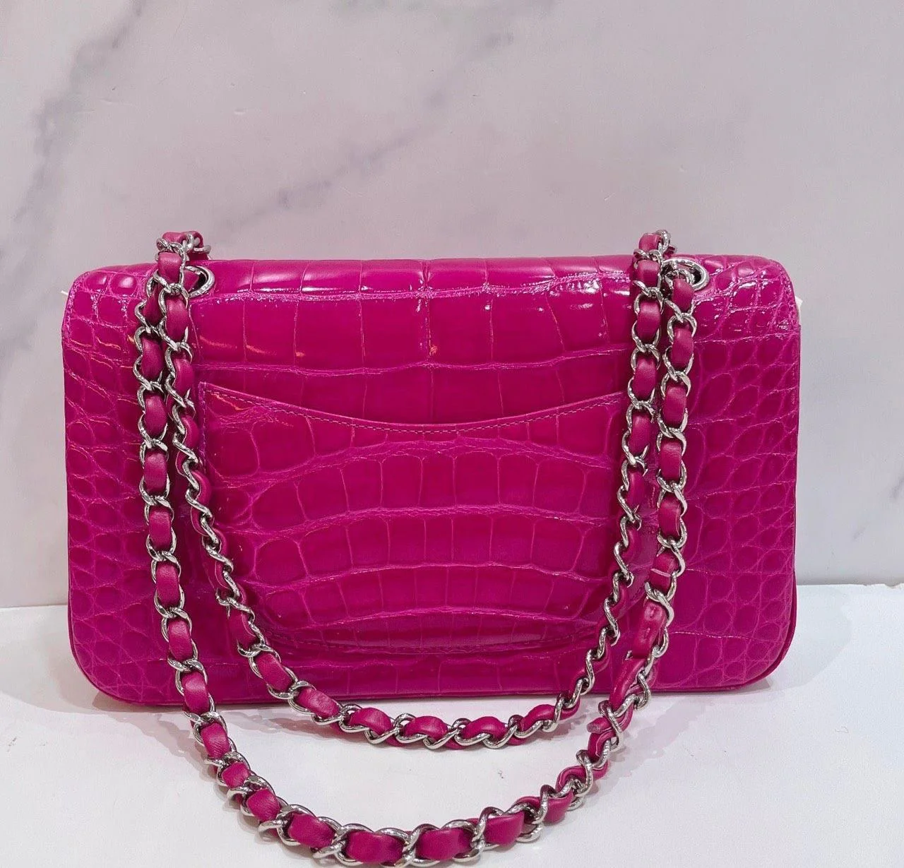 Chanel pink alligator leather medium flag silver hardware - Image 4