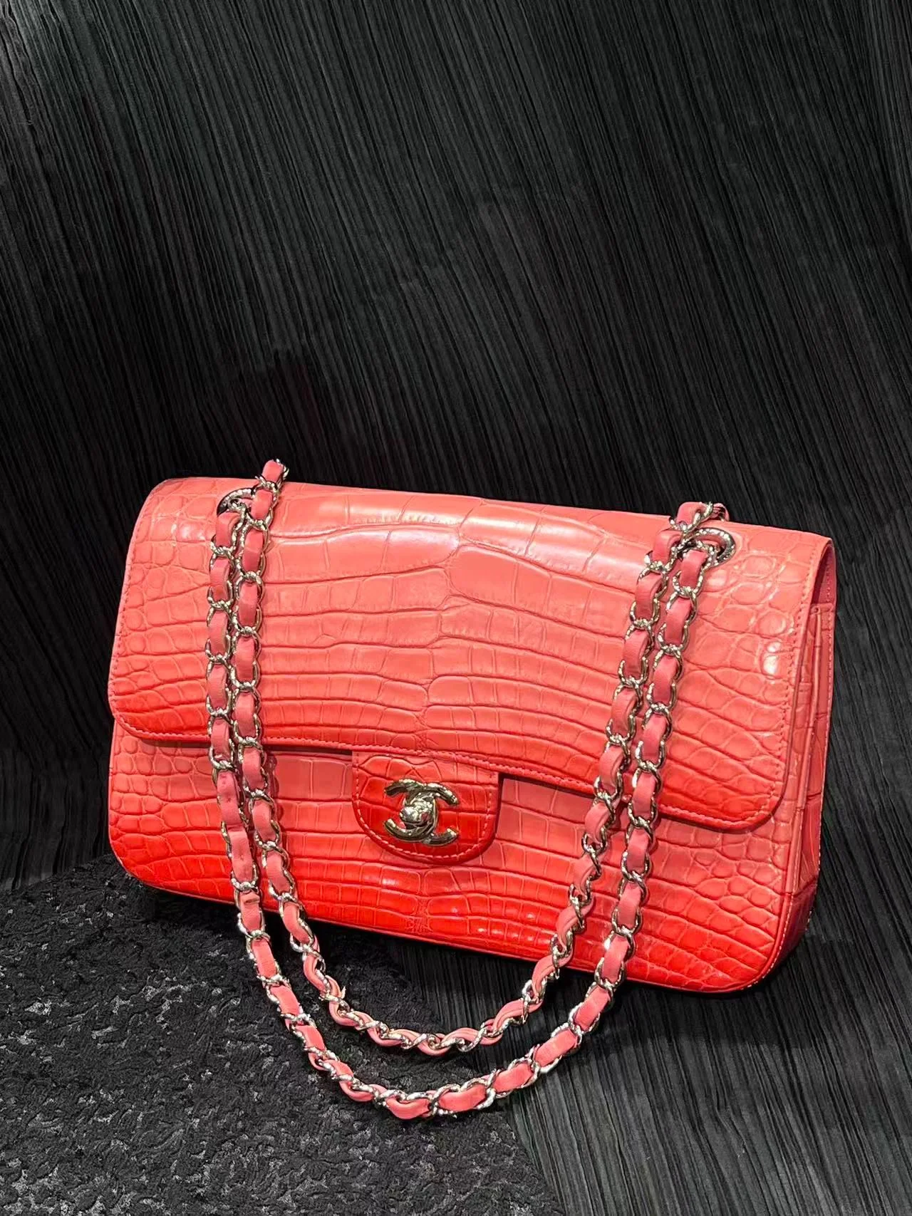 Chanel pink crocodile leather medium flap silver hardware