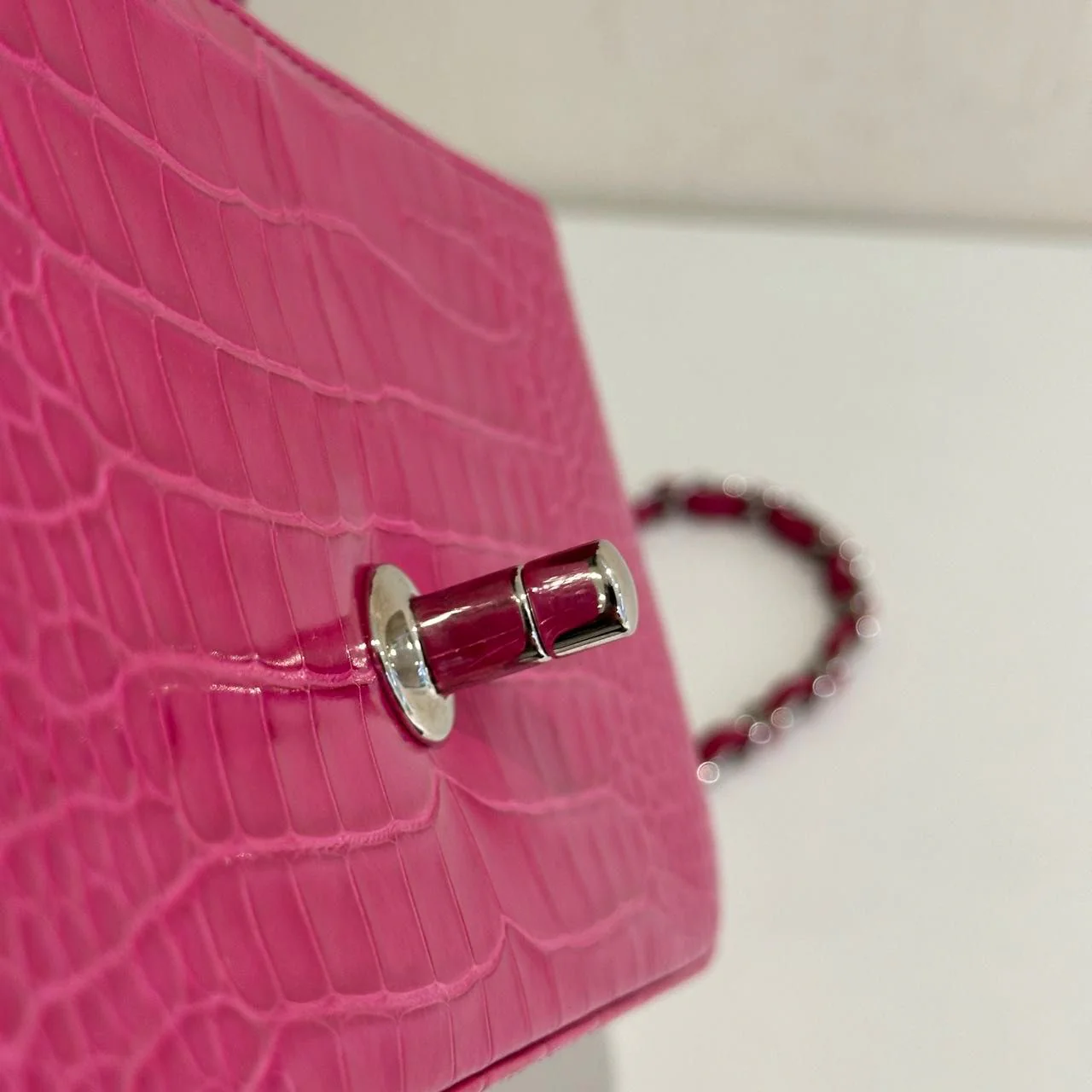 Chanel pink crocodile leather mini flap silver hardware - Image 10