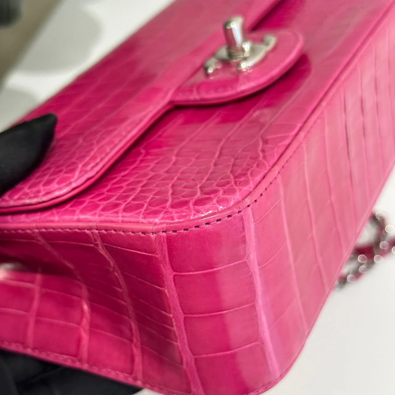 Chanel pink crocodile leather mini flap silver hardware - Image 12