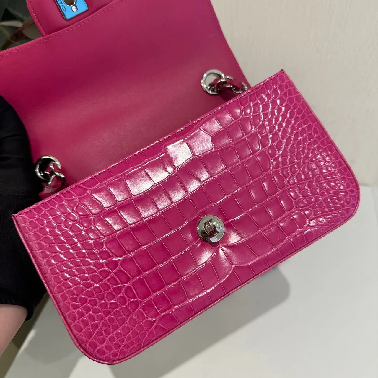 Chanel pink crocodile leather mini flap silver hardware - Image 14