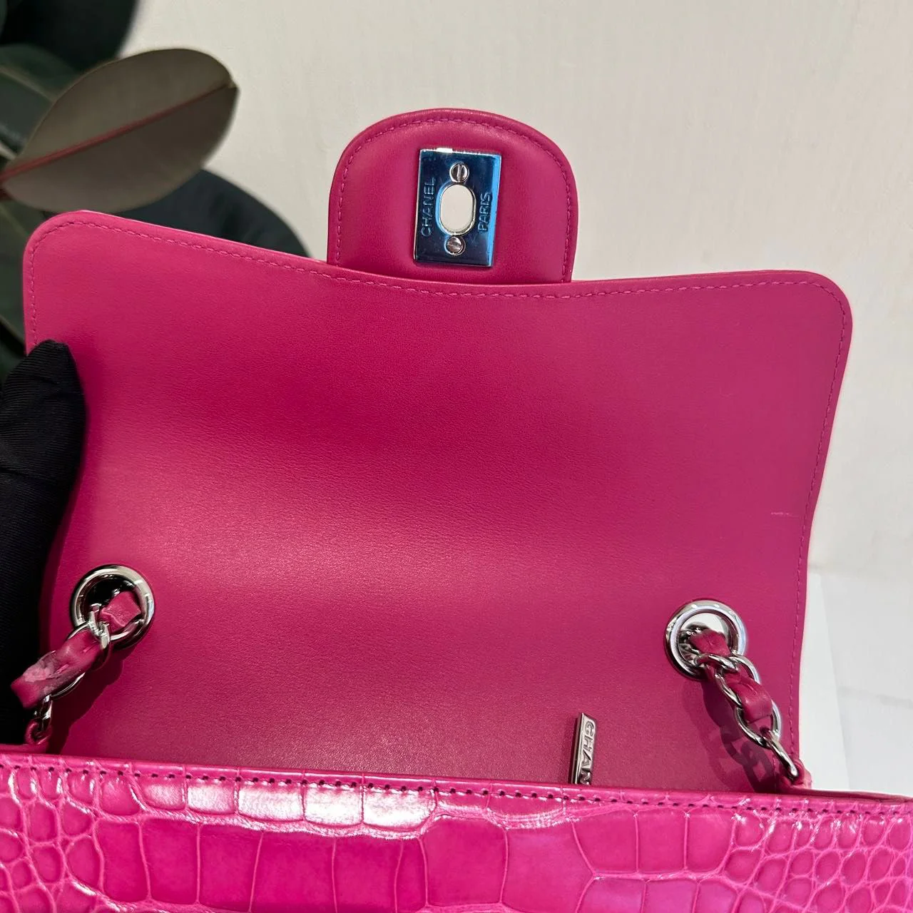Chanel pink crocodile leather mini flap silver hardware - Image 16