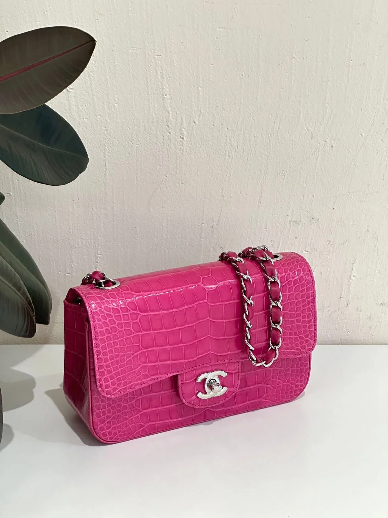 Chanel pink crocodile leather mini flap silver hardware - Image 19