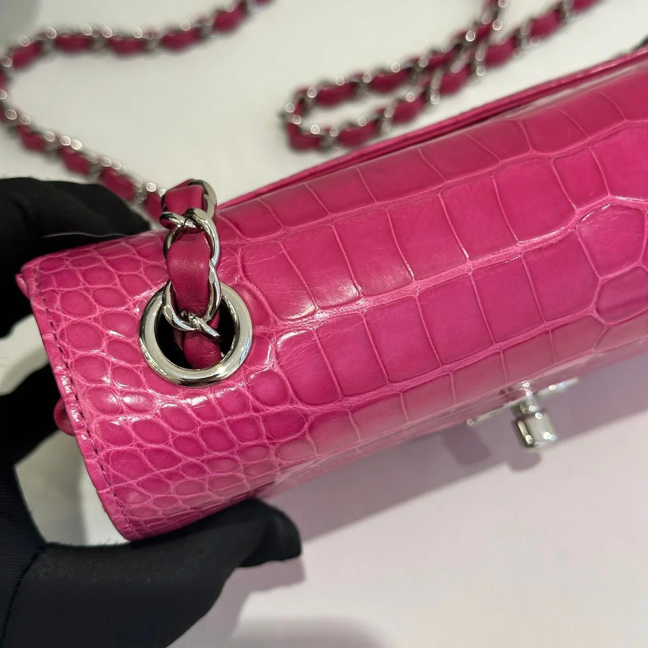 Chanel pink crocodile leather mini flap silver hardware - Image 2