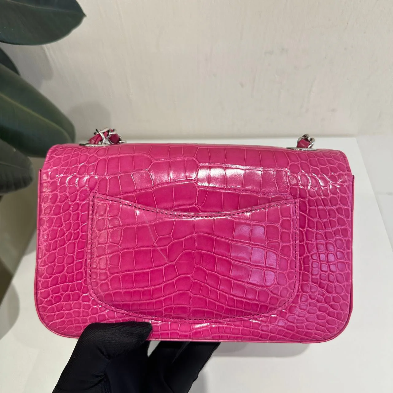 Chanel pink crocodile leather mini flap silver hardware - Image 4