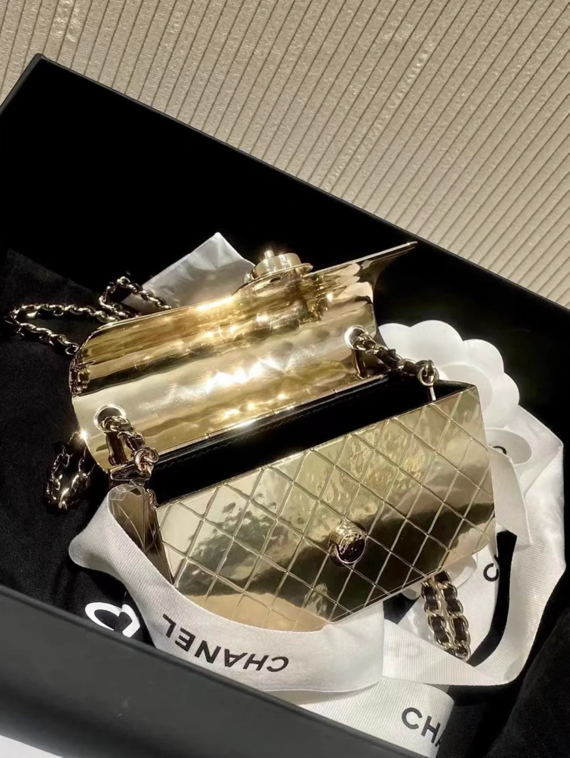 Chanel Quilted Hammered Metal Mini Classic Flap Evening Box Bag Gold Hardware, 2022 - Image 4