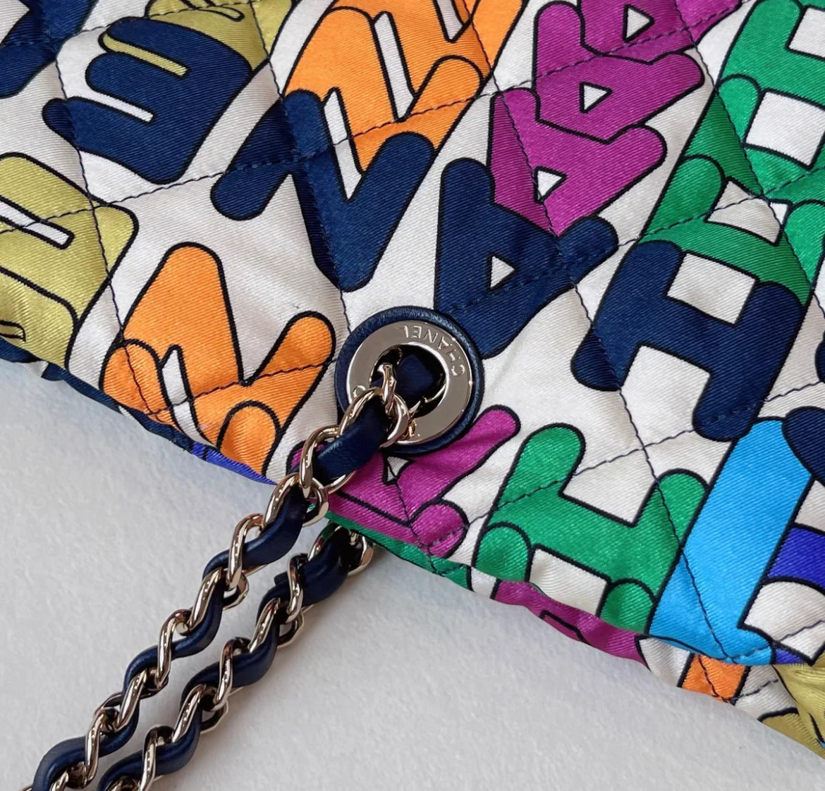 Chanel Rainbow Logo Quilted Textile Tote Bag Gold Hardware, 2021 - Image 7