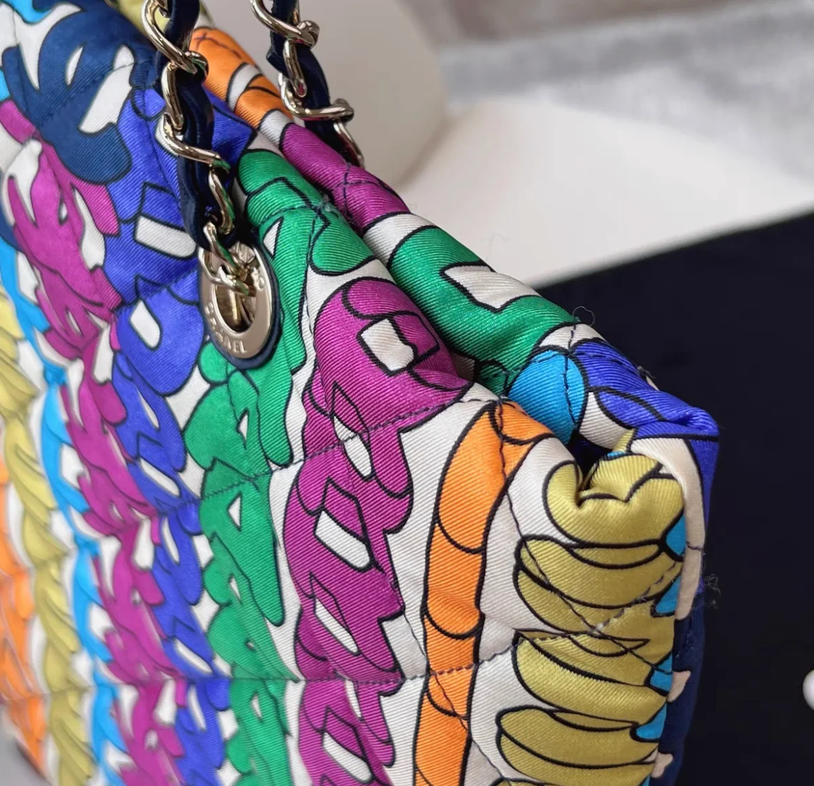 Chanel Rainbow Logo Quilted Textile Tote Bag Gold Hardware, 2021 - Image 8