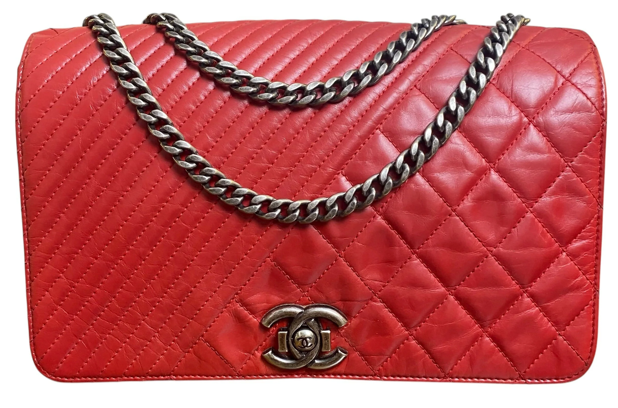 Chanel Red Quilted Glazed Aged Calfskin Leather Medium Coco Boy Flap Bag