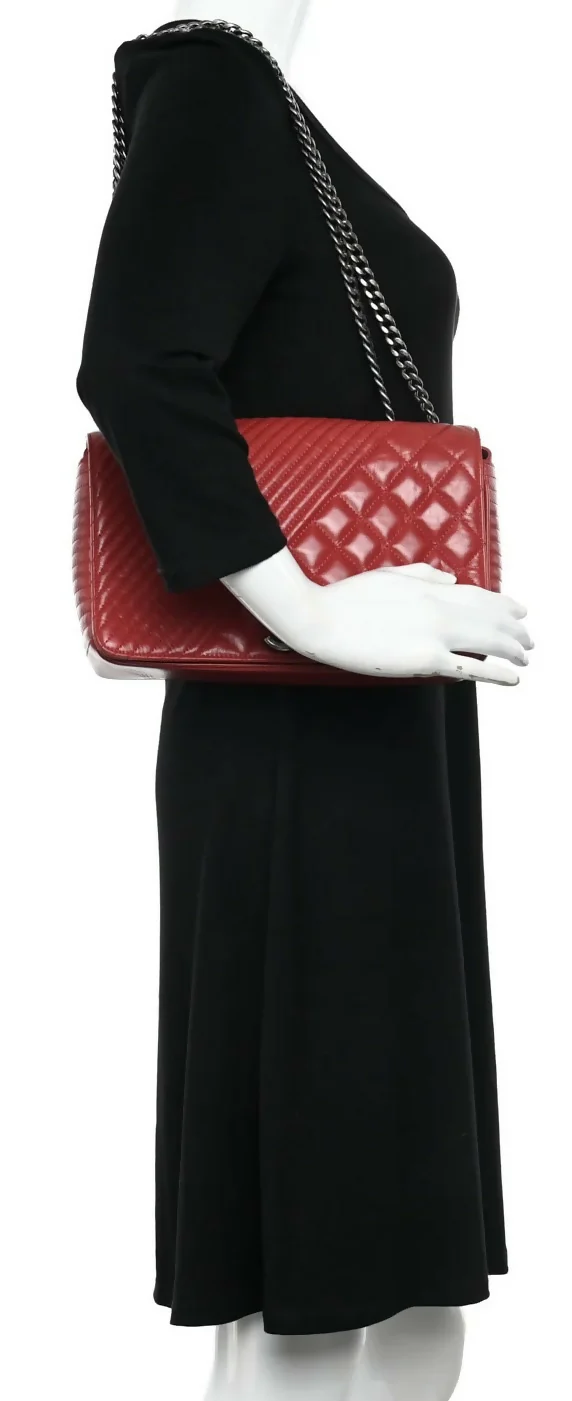 Chanel Red Quilted Glazed Aged Calfskin Leather Medium Coco Boy Flap Bag - Image 10