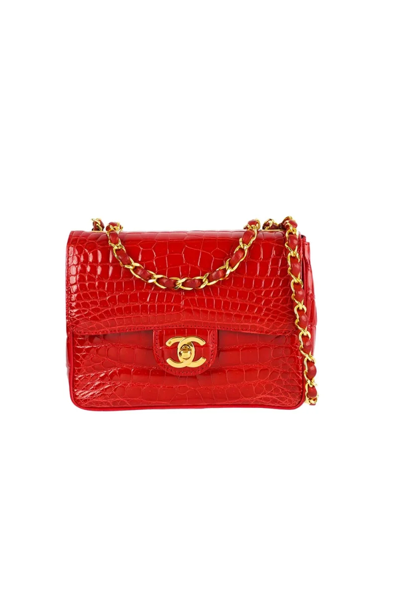 Chanel red shiny crocodile leather mini square flap bag with gold hardware