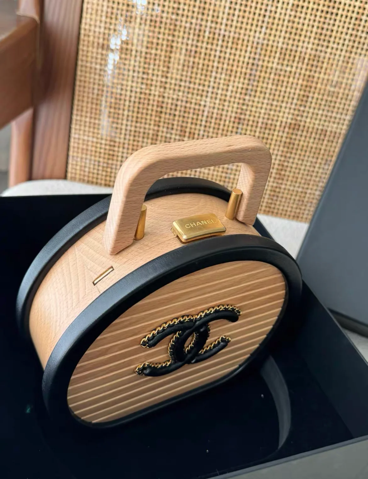 Chanel Round CC Vanity Case Beechwood and Black Lambskin Gold Hardware - Image 2