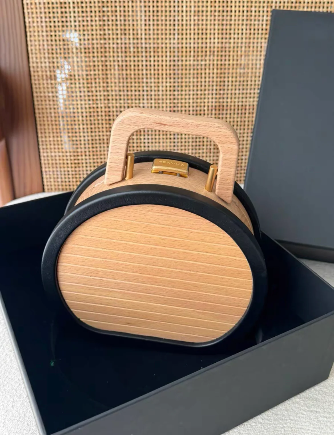 Chanel Round CC Vanity Case Beechwood and Black Lambskin Gold Hardware - Image 3