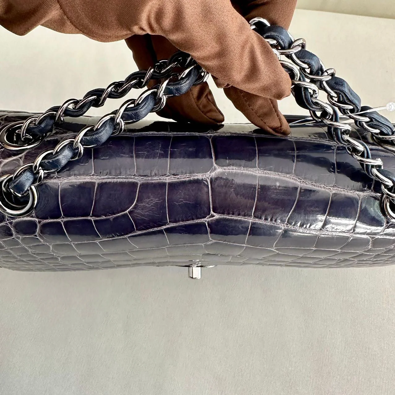 CHANEL SHINY BLUE ALLIGATOR CLASSIC FLAP BAG WITH SILVER HARDWARE - Image 13